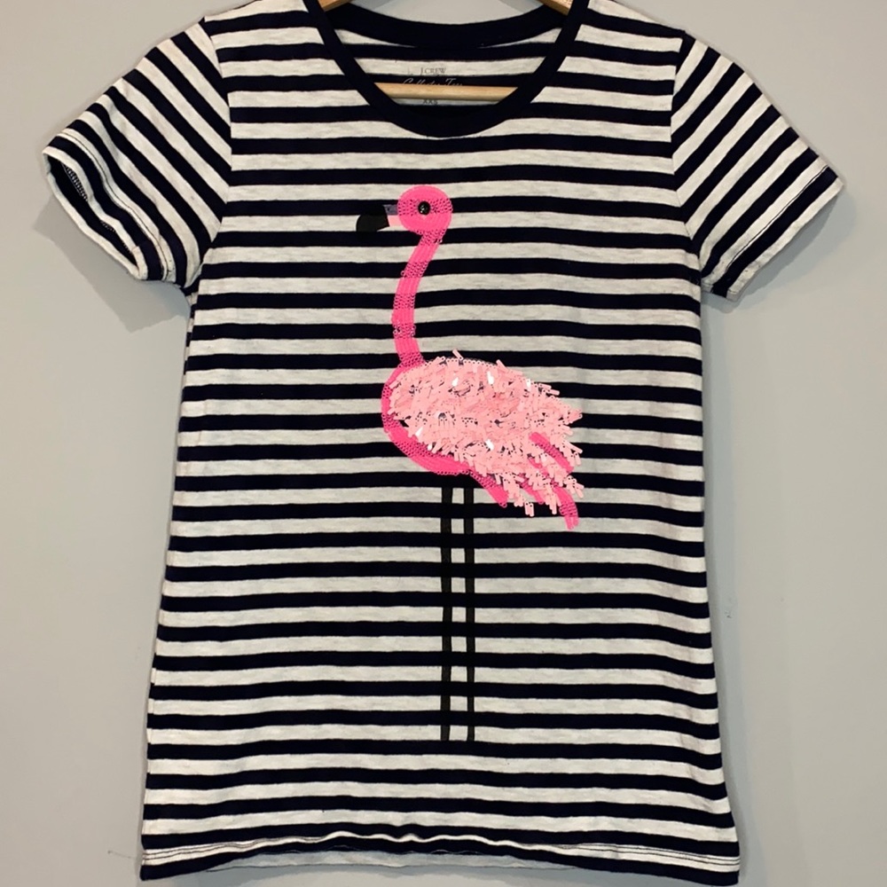J.Crew Navy White Stripe Sequin Flamingo T-Shirt
